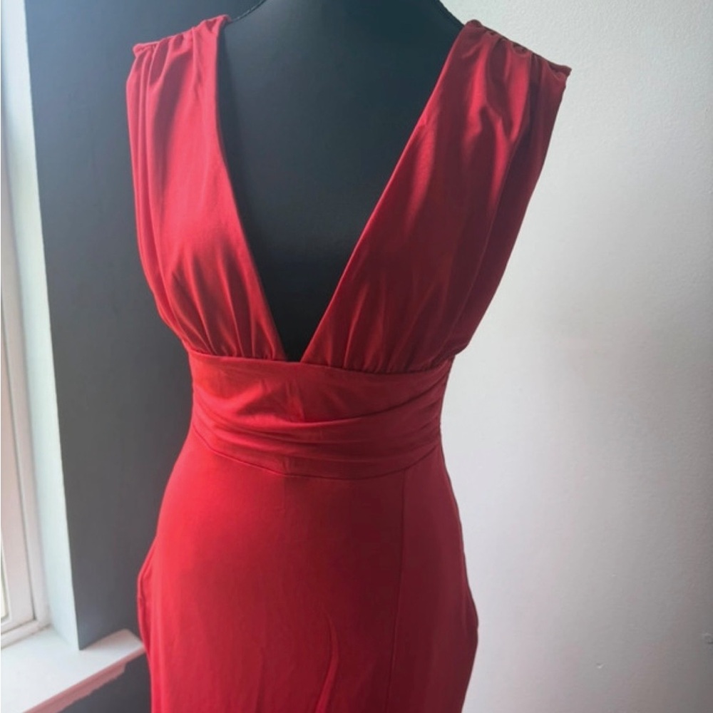 Red Deep V-Neck Midid Length Cocktail Dress - Picture 2 of 5